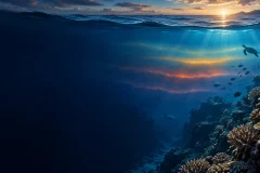 Warm ocean currents glowing beneath a dramatic blue sea surface