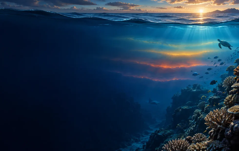 Warm ocean currents glowing beneath a dramatic blue sea surface