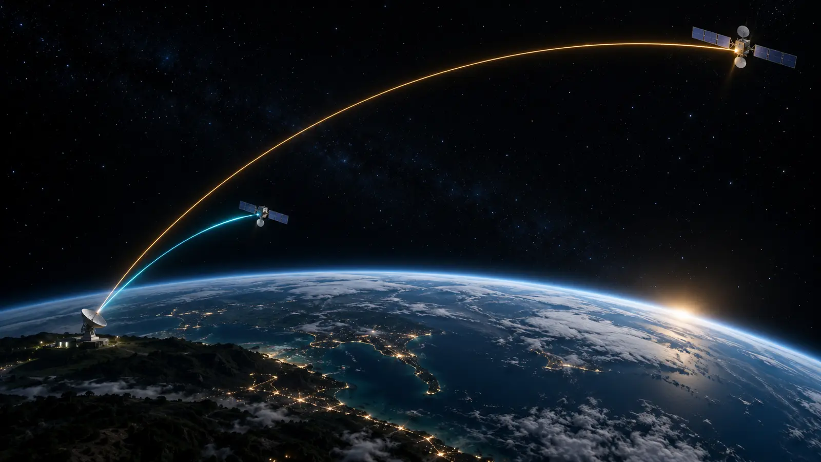 Short path to a low satellite compared with a much longer geostationary path