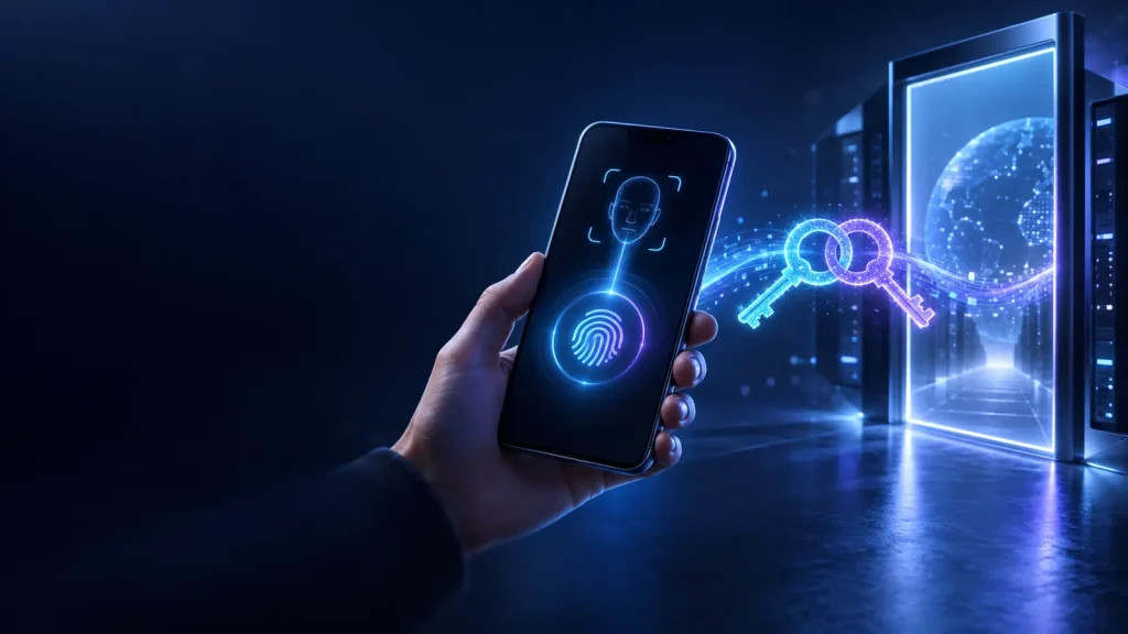 Phone using local biometric approval to open a cryptographically protected account