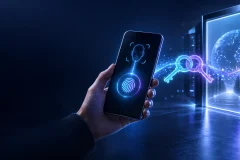 Phone using local biometric approval to open a cryptographically protected account