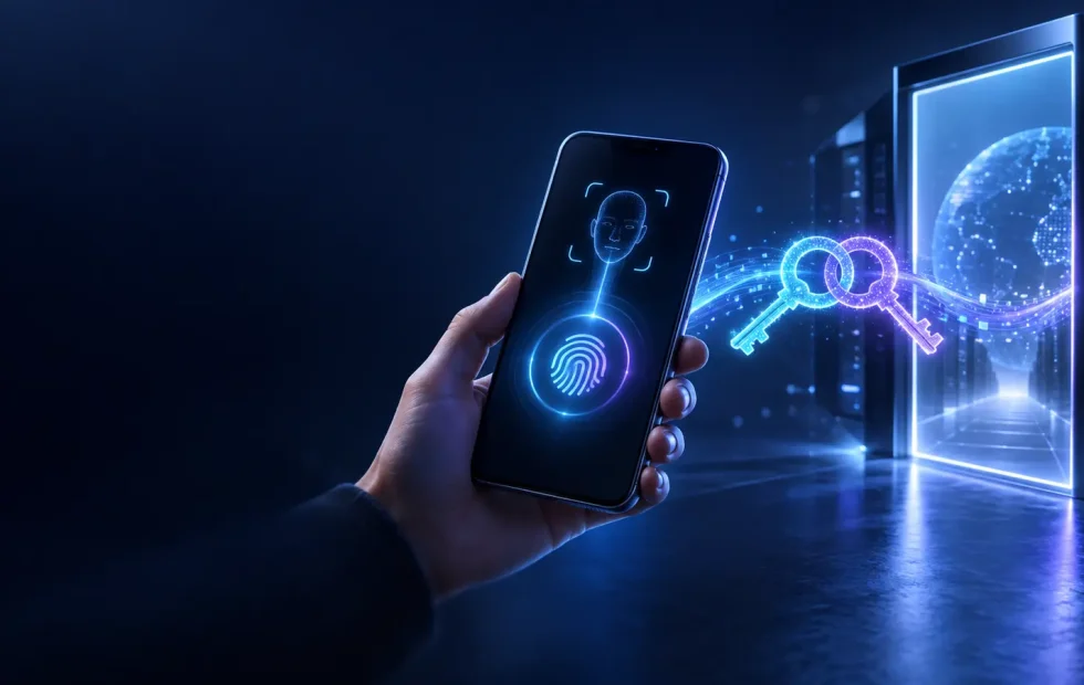 Phone using local biometric approval to open a cryptographically protected account