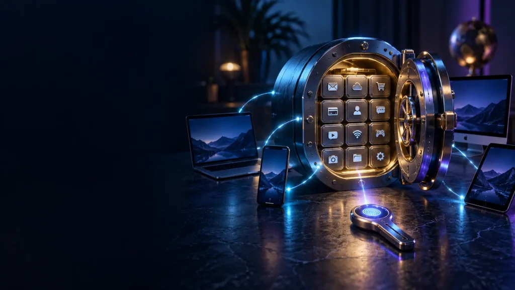 Encrypted credential vault connected to a person’s trusted devices
