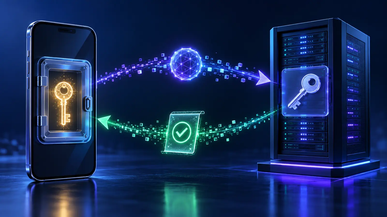 Private key protected on a phone while a public key verifies a challenge on a server