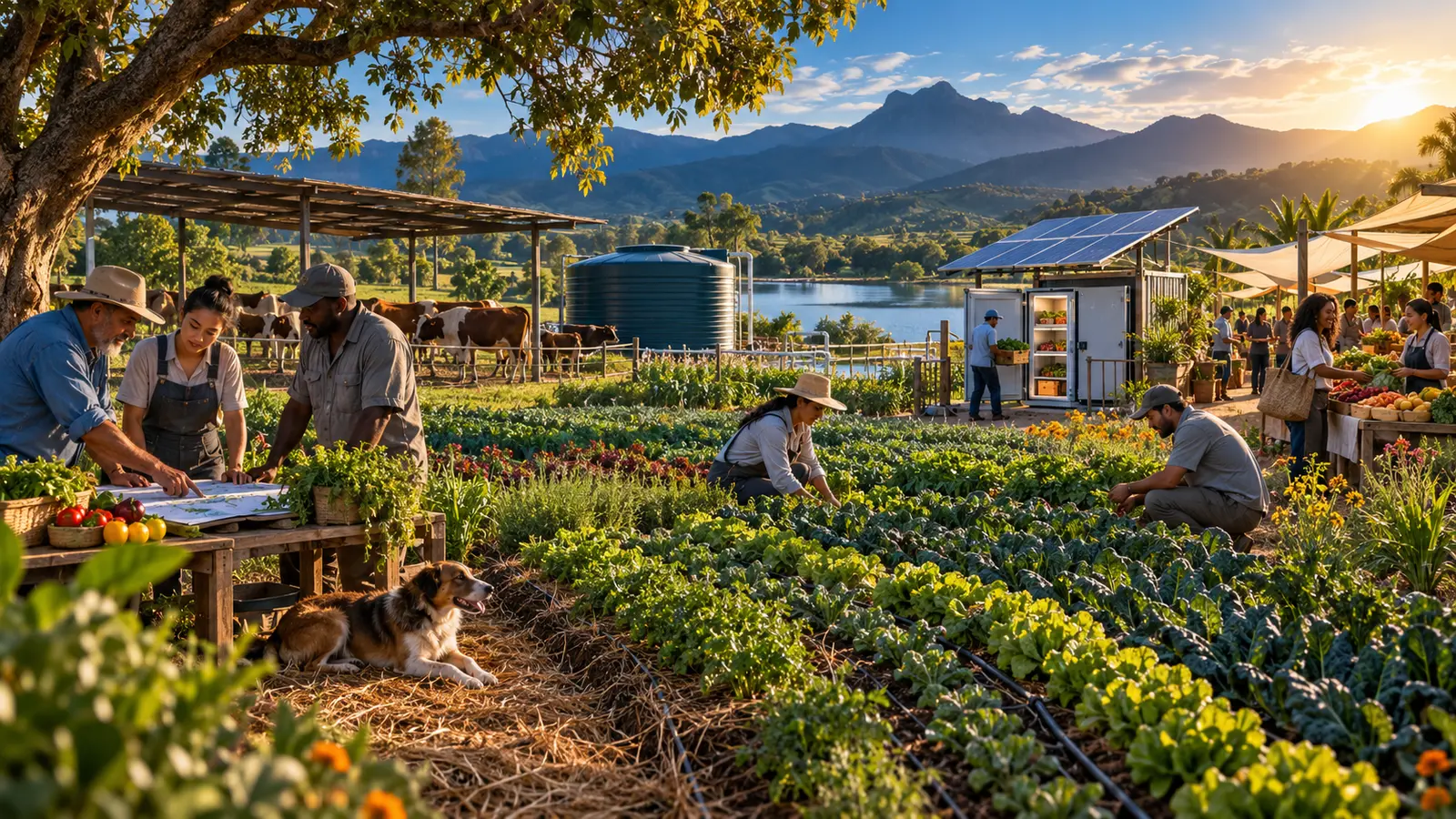 Diverse farm with shade trees, water storage, healthy soil and a local market.