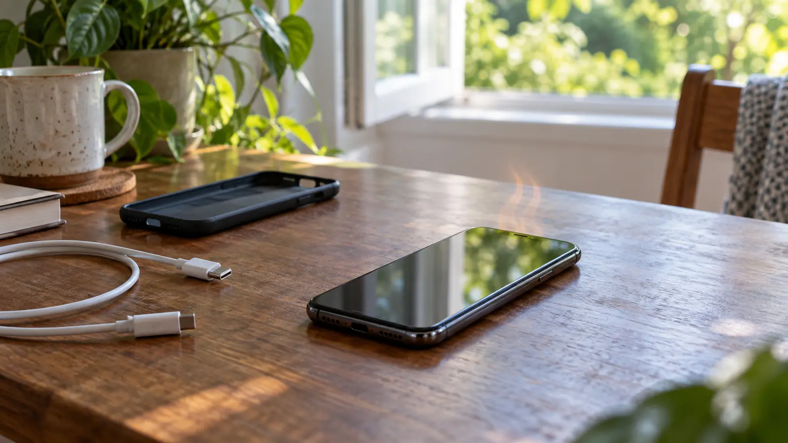 Overheated smartphone cooling safely in shade after being disconnected from its charger