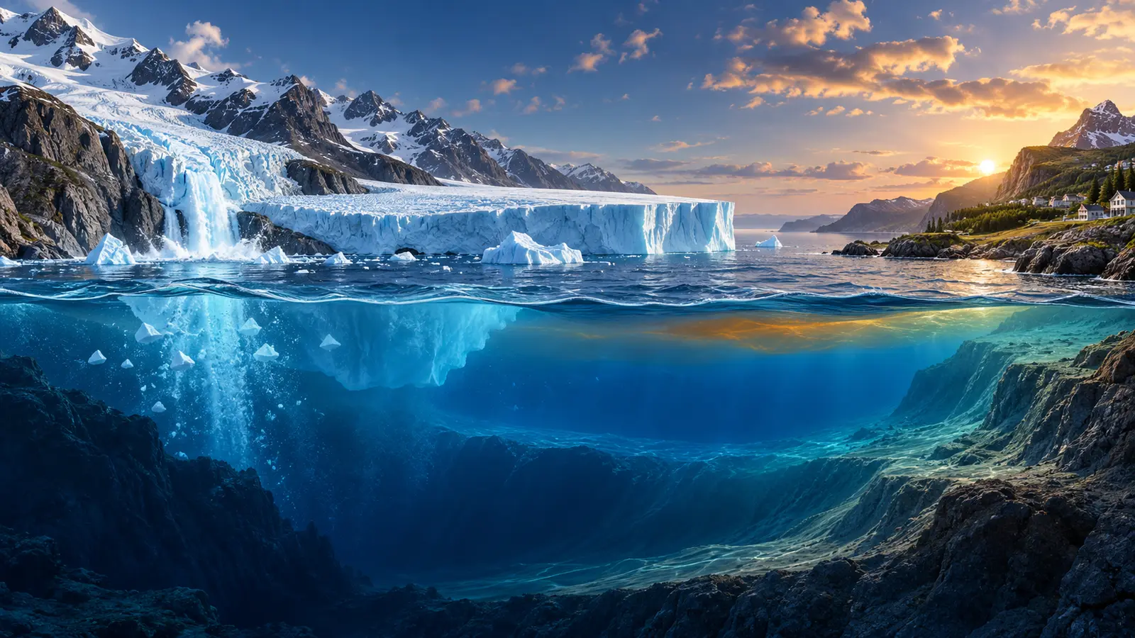 Ocean, glacier and coastline illustrating the physical components of sea-level change.