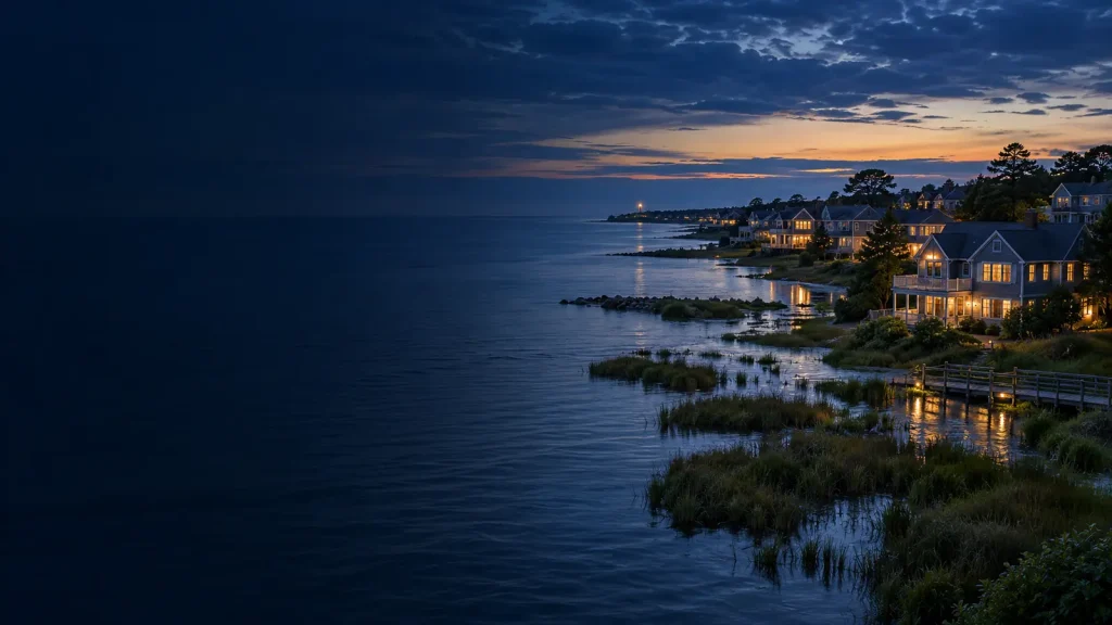 Coastal city and wetlands meeting a visibly elevated blue sea