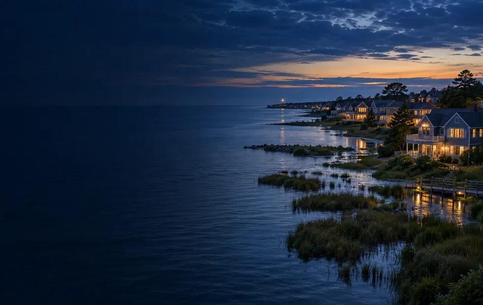 Coastal city and wetlands meeting a visibly elevated blue sea