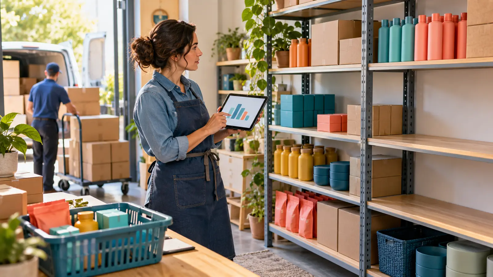 Small business owner reviewing shelf quantities and planning stock replenishment