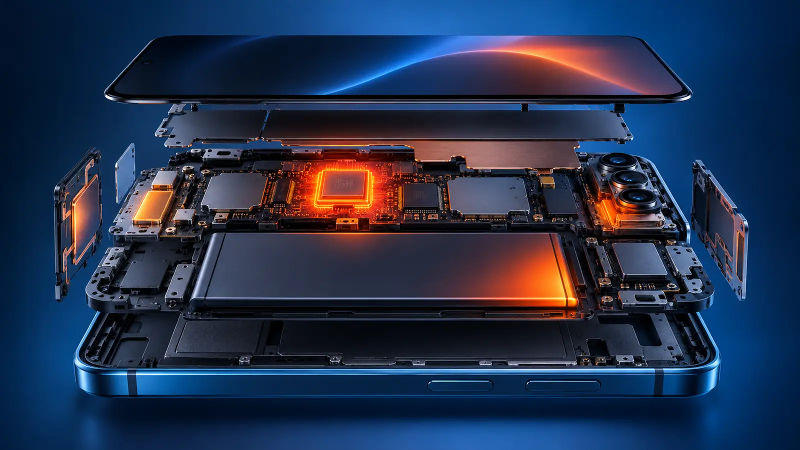 Conceptual smartphone cutaway showing processor, battery, display and radio heat sources