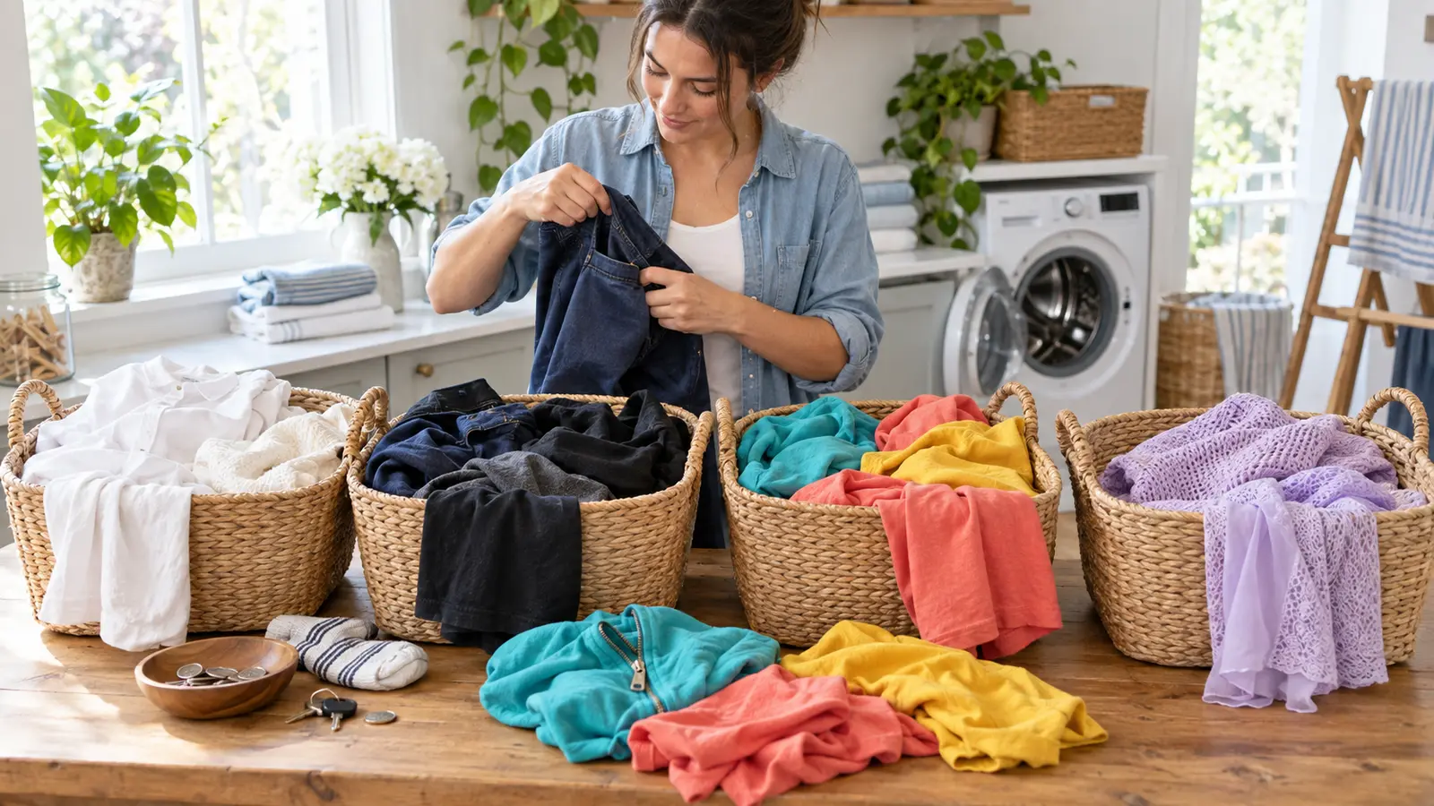 Person sorting colourful clothes by label instructions before washing