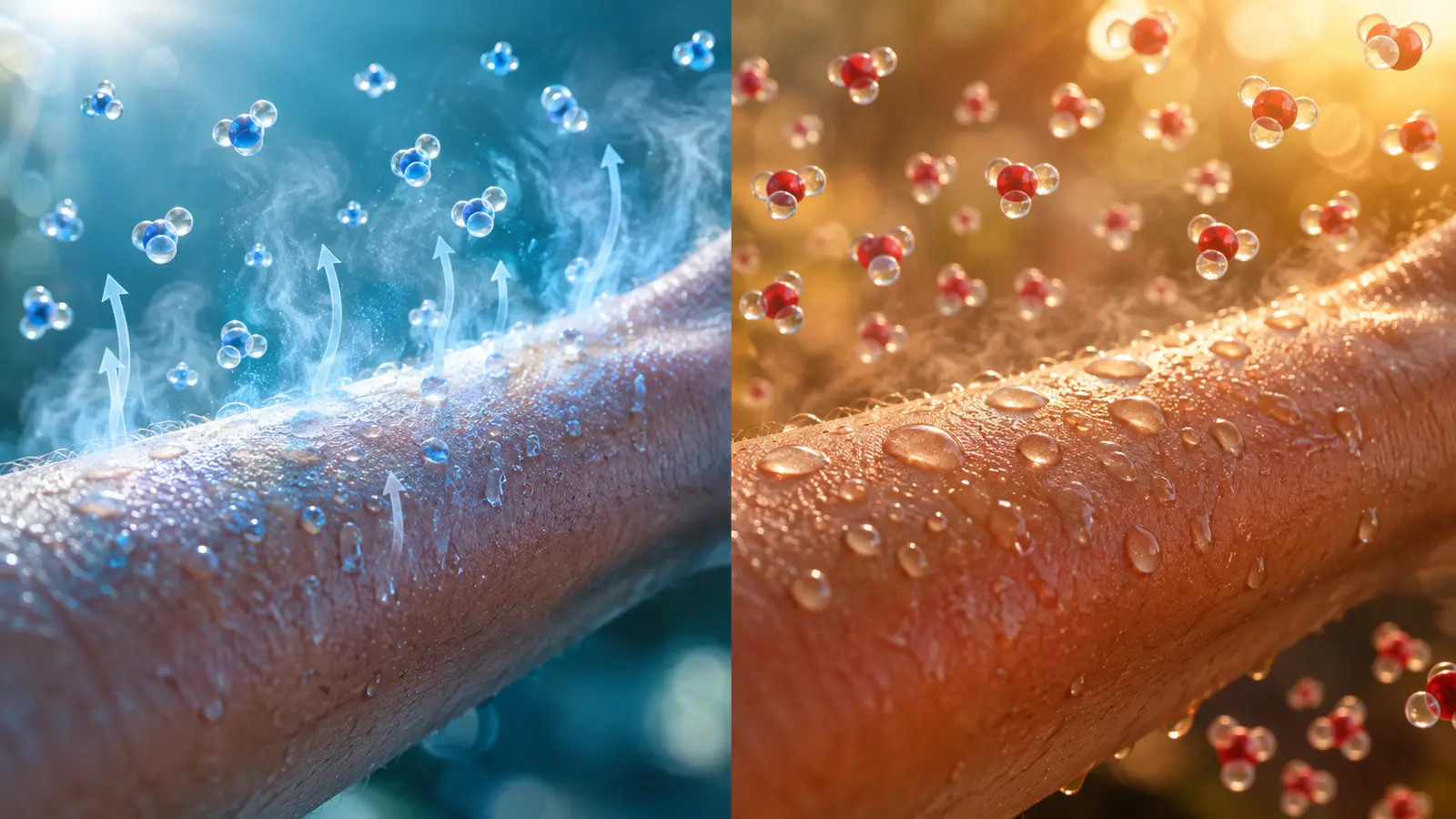 Sweat evaporating in dry air compared with moisture remaining on skin in humid air