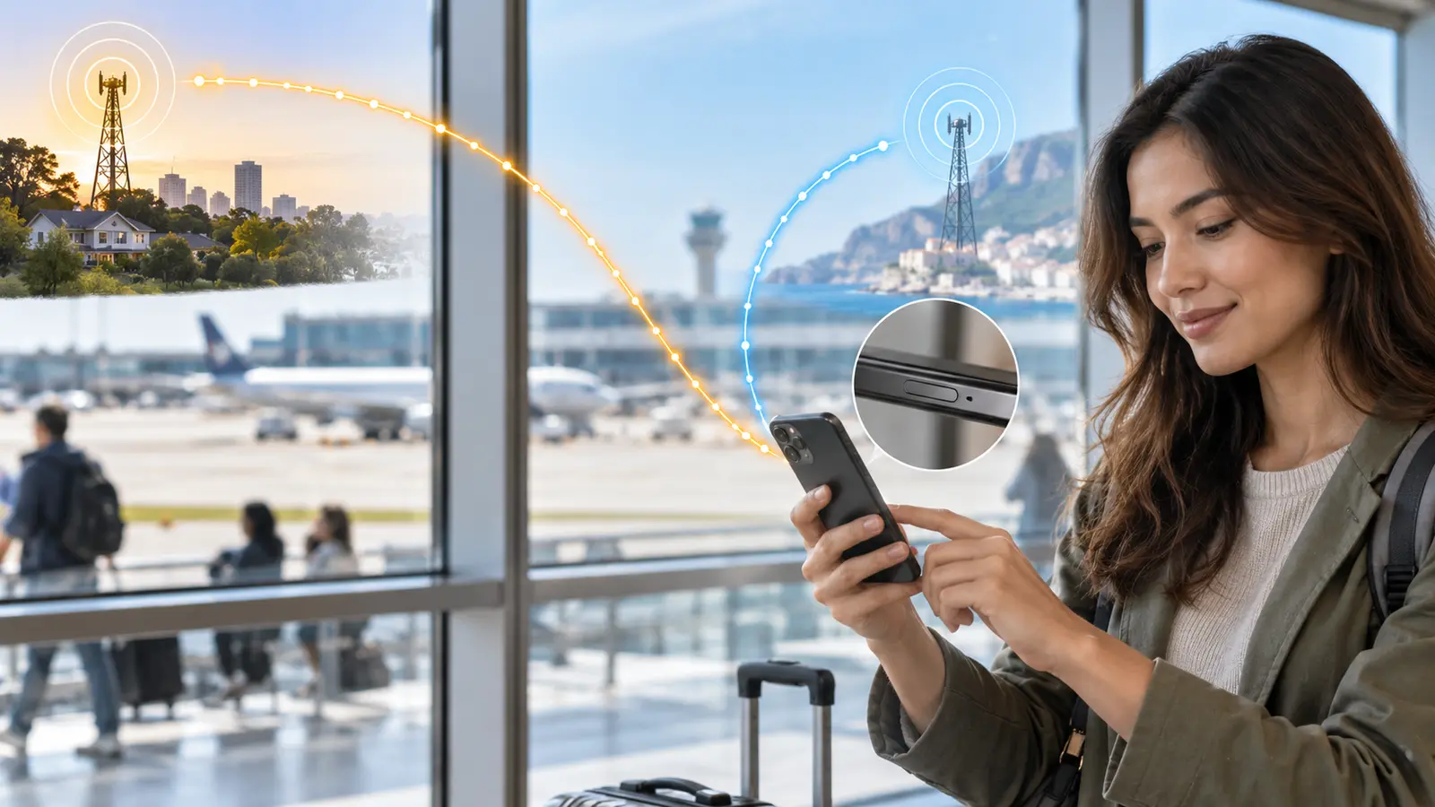 Traveler using two mobile network profiles on one phone at an airport