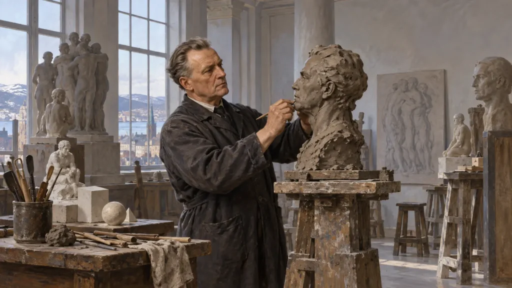 Who was Gustav Vigeland? Editorial illustration of the Norwegian sculptor modelling clay in his Oslo studio