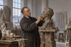 Who was Gustav Vigeland? Editorial illustration of the Norwegian sculptor modelling clay in his Oslo studio
