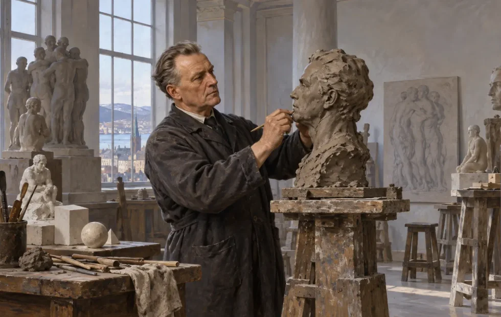 Who was Gustav Vigeland? Editorial illustration of the Norwegian sculptor modelling clay in his Oslo studio