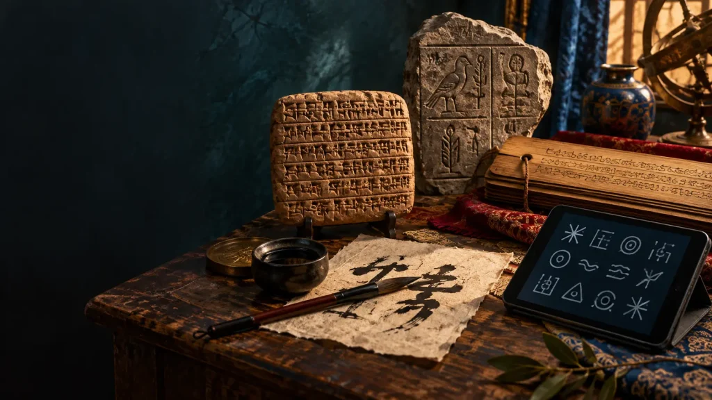 Why do writing systems look so different? Historic and modern writing materials from different script traditions