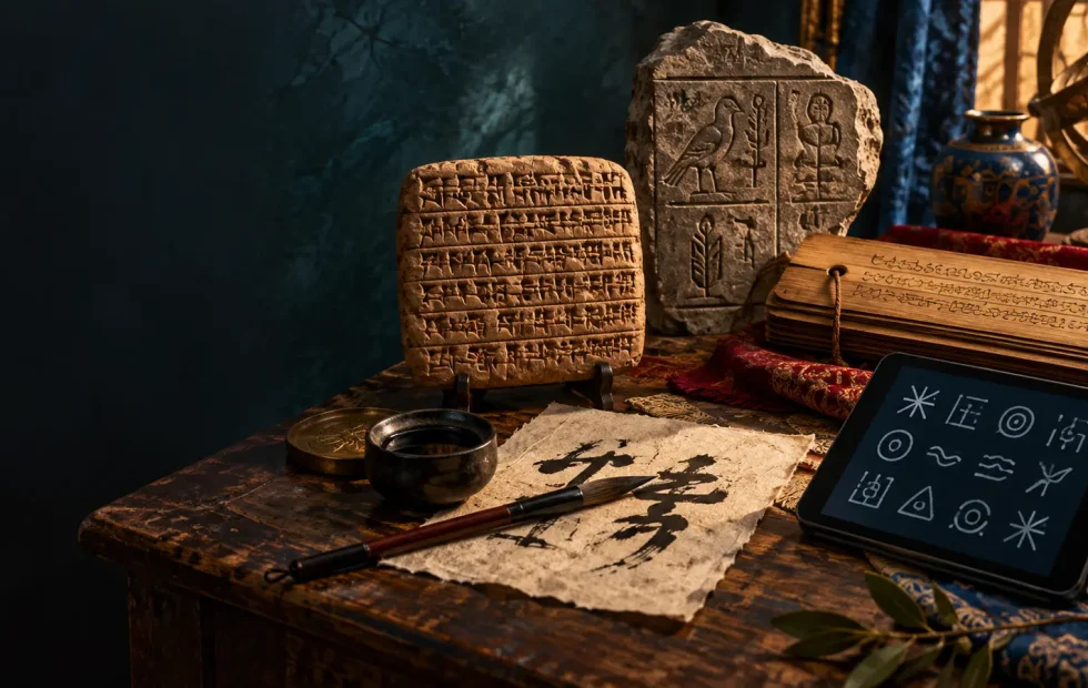 Why do writing systems look so different? Historic and modern writing materials from different script traditions