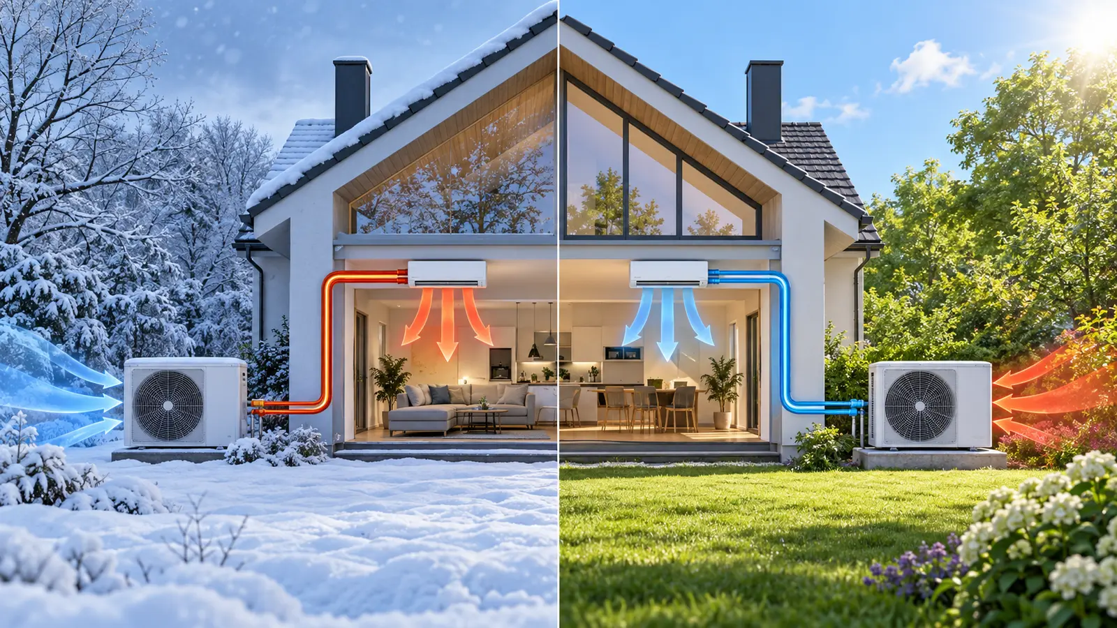 Same heat-pump home moving heat indoors in winter and outdoors in summer